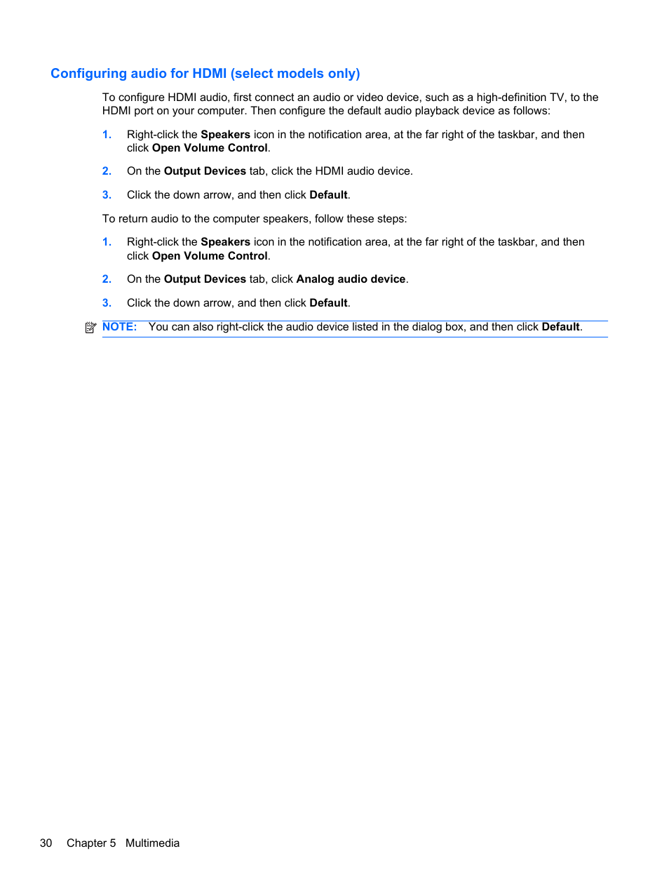 Configuring audio for hdmi (select models only) | HP Compaq 435 Notebook PC User Manual | Page 40 / 92