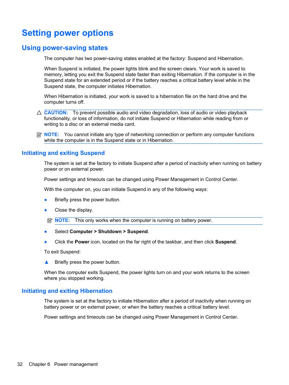 Setting power options, Using power-saving states, Initiating and exiting suspend | Initiating and exiting hibernation | HP Compaq 435 Notebook PC User Manual | Page 42 / 92