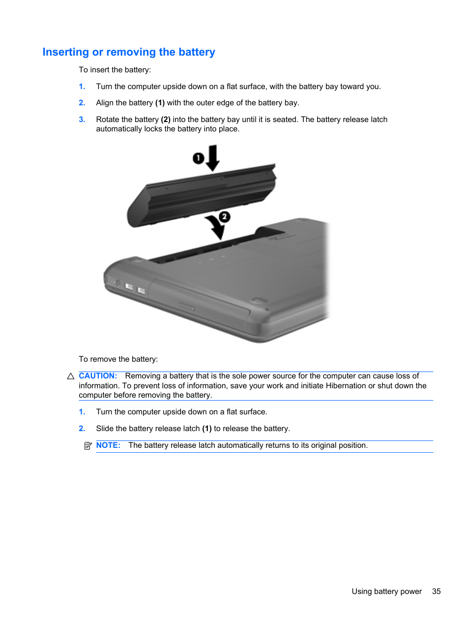 Inserting or removing the battery | HP Compaq 435 Notebook PC User Manual | Page 45 / 92