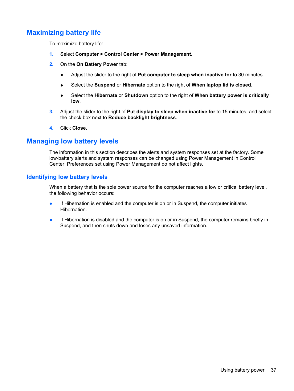 Maximizing battery life, Managing low battery levels, Identifying low battery levels | HP Compaq 435 Notebook PC User Manual | Page 47 / 92