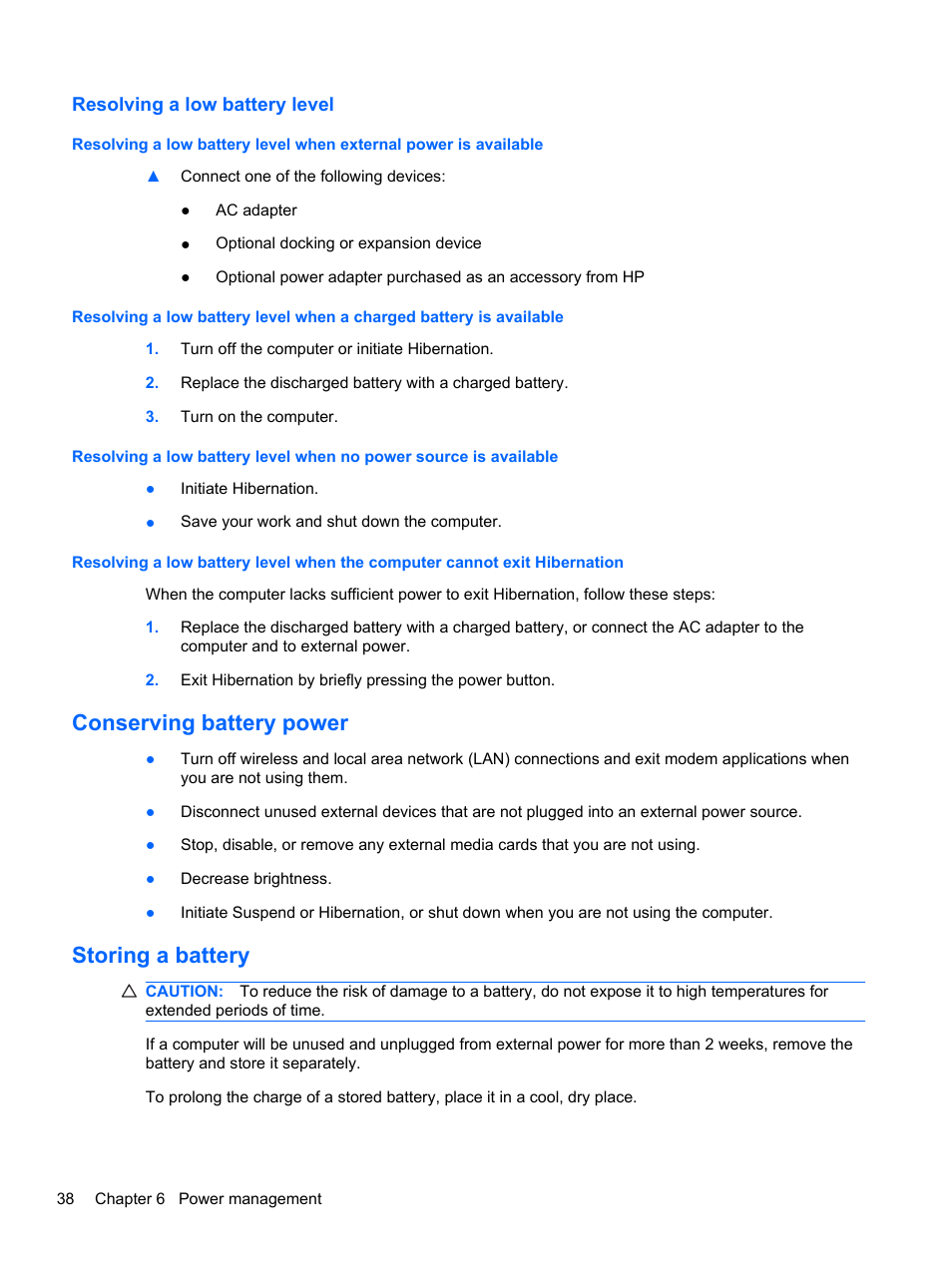 Resolving a low battery level, Conserving battery power, Storing a battery | Conserving battery power storing a battery | HP Compaq 435 Notebook PC User Manual | Page 48 / 92