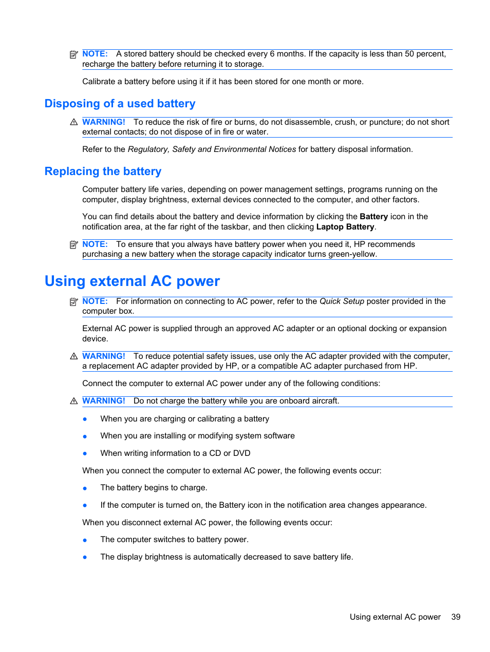 Disposing of a used battery, Replacing the battery, Using external ac power | Disposing of a used battery replacing the battery | HP Compaq 435 Notebook PC User Manual | Page 49 / 92