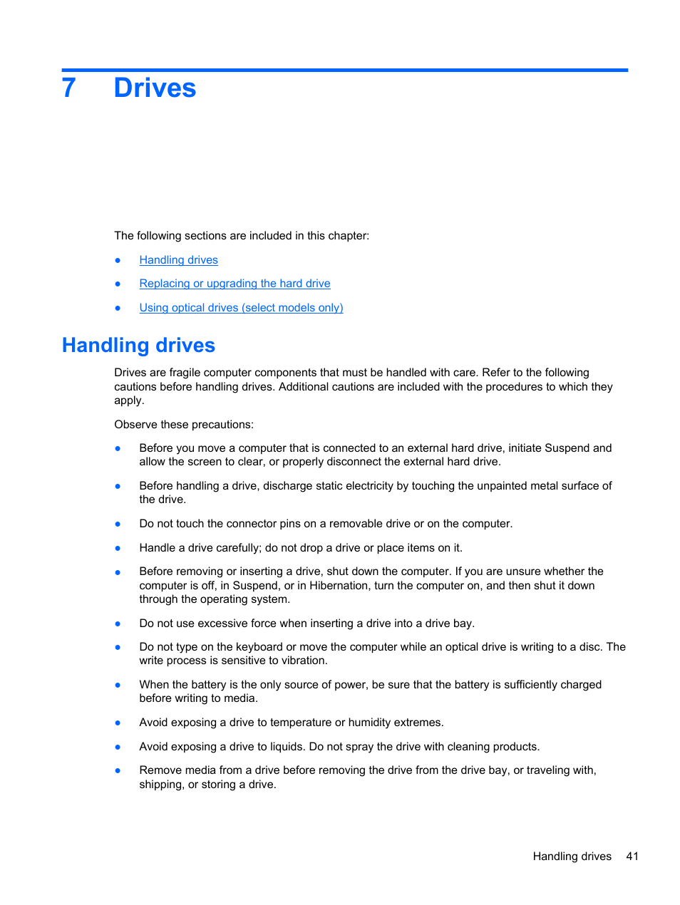 Drives, Handling drives, 7 drives | 7drives | HP Compaq 435 Notebook PC User Manual | Page 51 / 92