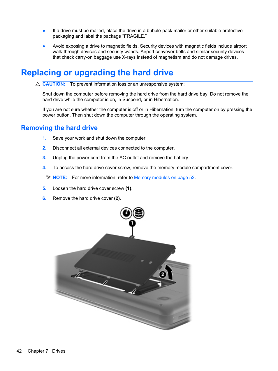 Replacing or upgrading the hard drive, Removing the hard drive | HP Compaq 435 Notebook PC User Manual | Page 52 / 92