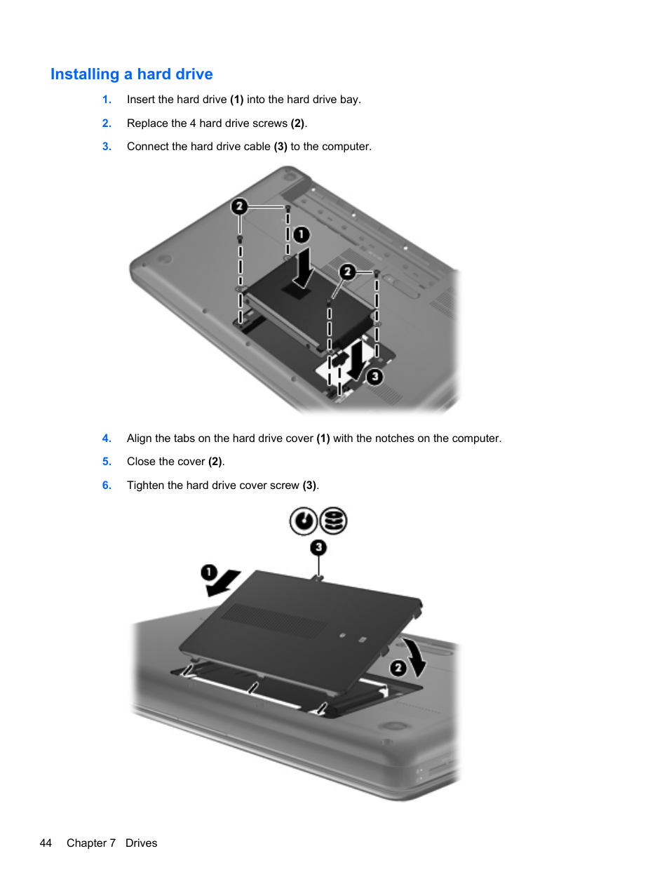 Installing a hard drive | HP Compaq 435 Notebook PC User Manual | Page 54 / 92