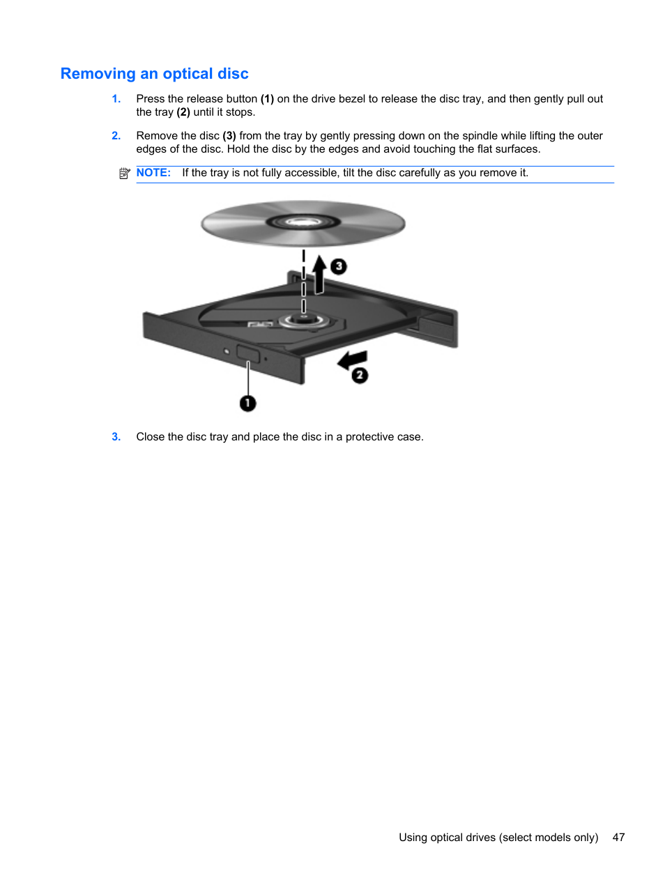 Removing an optical disc | HP Compaq 435 Notebook PC User Manual | Page 57 / 92