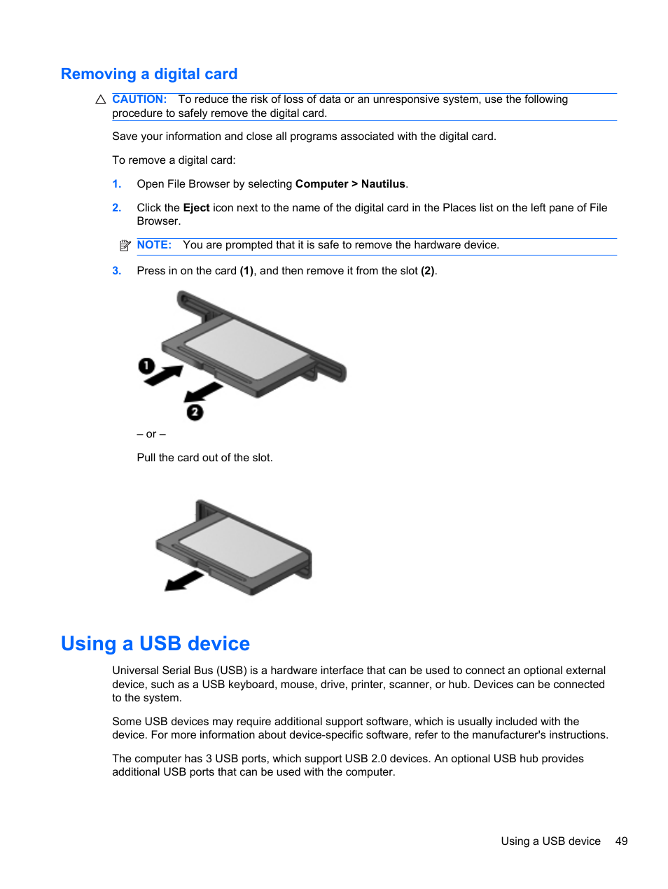 Removing a digital card, Using a usb device | HP Compaq 435 Notebook PC User Manual | Page 59 / 92