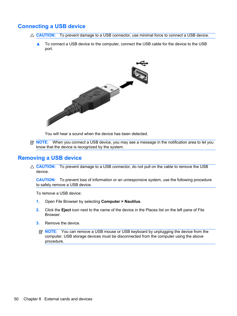 Connecting a usb device, Removing a usb device, Connecting a usb device removing a usb device | HP Compaq 435 Notebook PC User Manual | Page 60 / 92