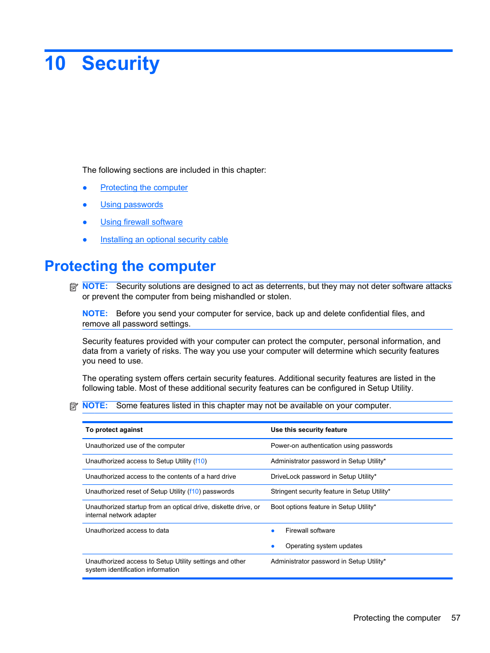 Security, Protecting the computer, 10 security | HP Compaq 435 Notebook PC User Manual | Page 67 / 92