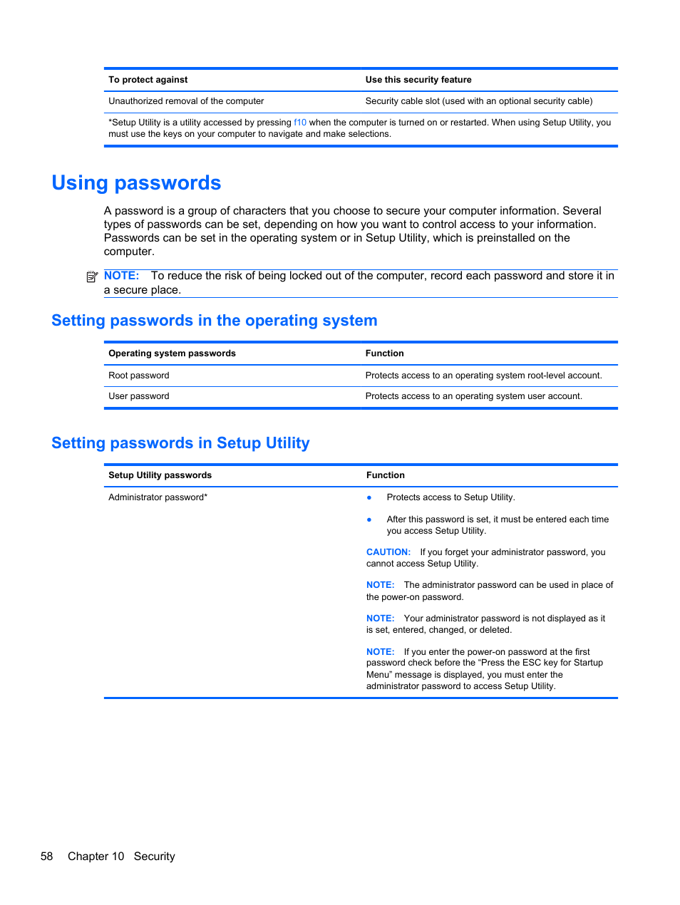 Using passwords, Setting passwords in the operating system, Setting passwords in setup utility | HP Compaq 435 Notebook PC User Manual | Page 68 / 92