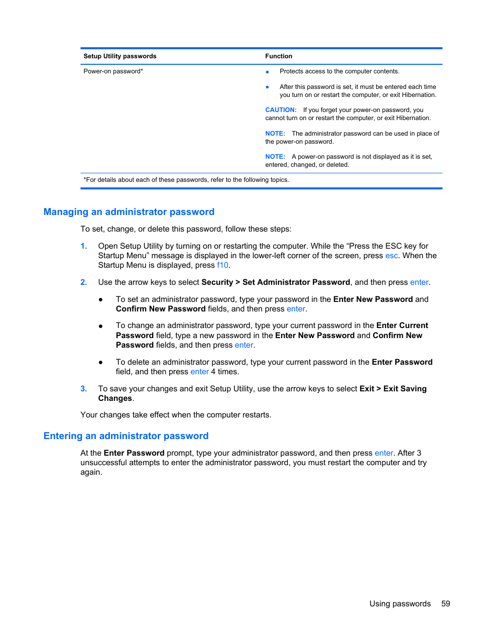 Managing an administrator password, Entering an administrator password | HP Compaq 435 Notebook PC User Manual | Page 69 / 92