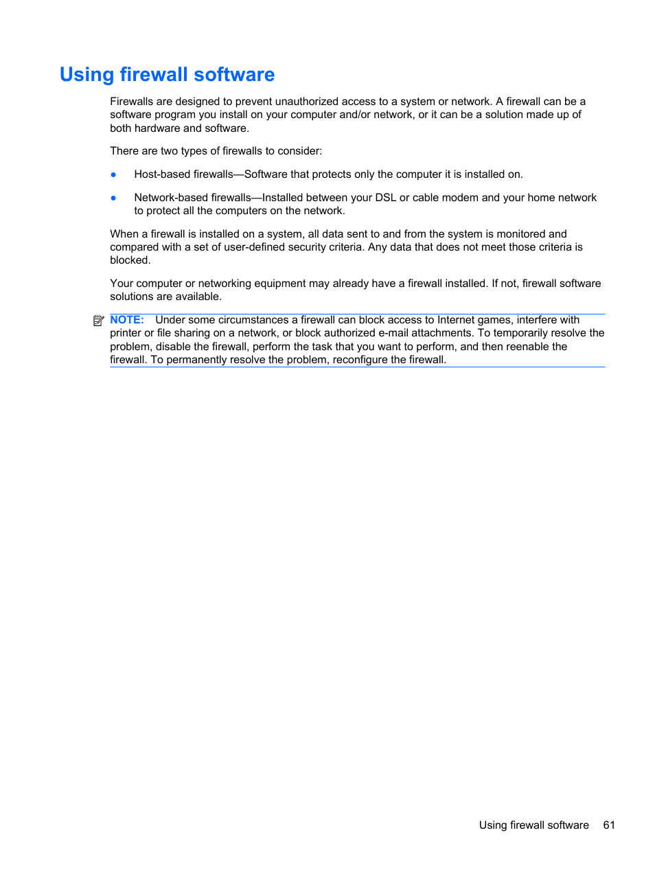 Using firewall software | HP Compaq 435 Notebook PC User Manual | Page 71 / 92
