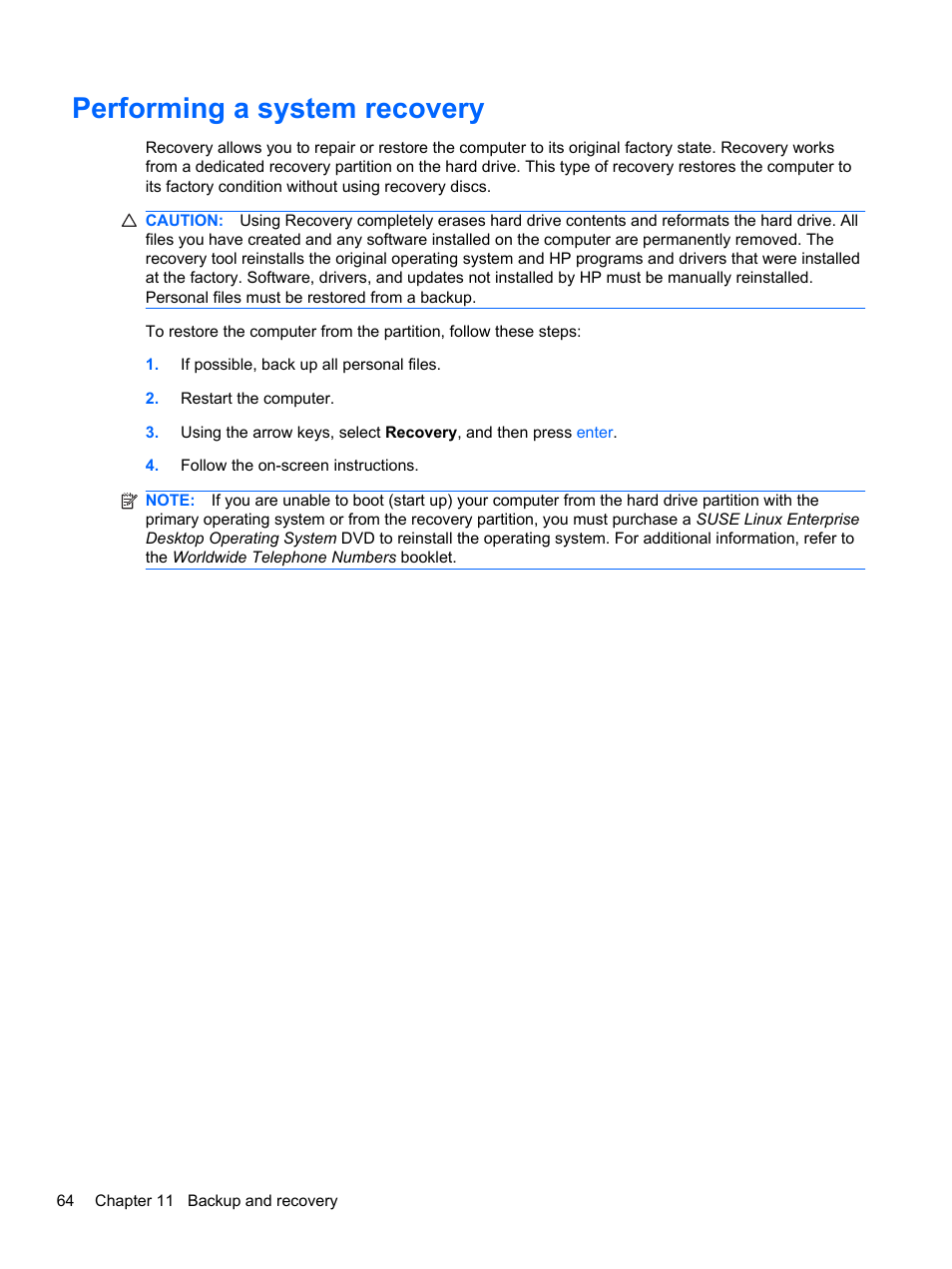 Performing a system recovery | HP Compaq 435 Notebook PC User Manual | Page 74 / 92