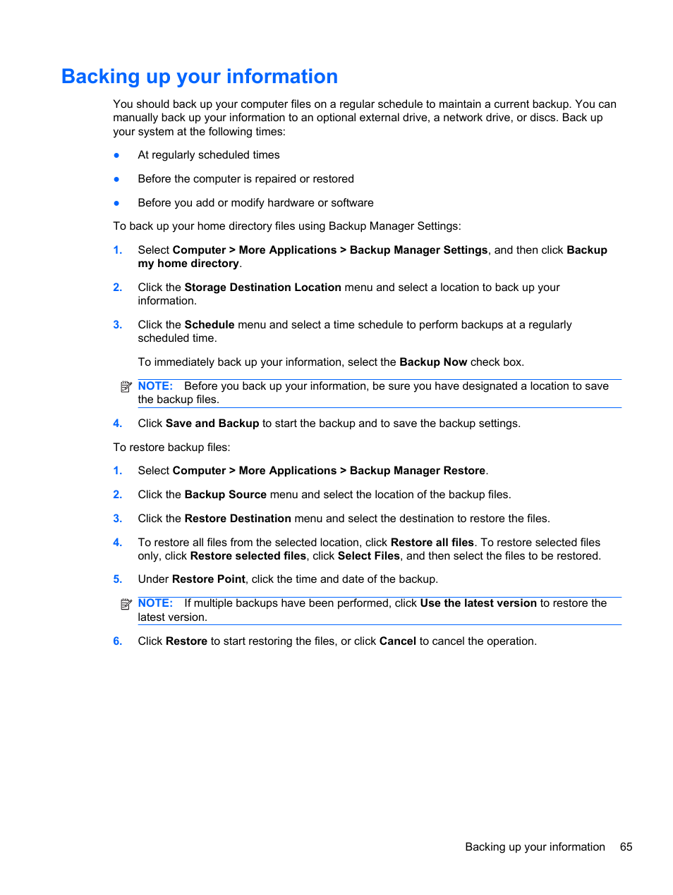 Backing up your information | HP Compaq 435 Notebook PC User Manual | Page 75 / 92
