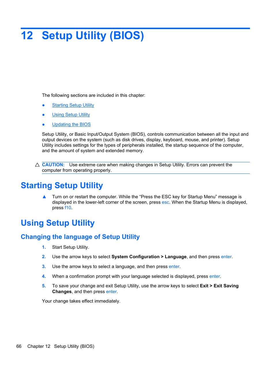 Setup utility (bios), Starting setup utility, Using setup utility | Changing the language of setup utility, 12 setup utility (bios), Starting setup utility using setup utility | HP Compaq 435 Notebook PC User Manual | Page 76 / 92