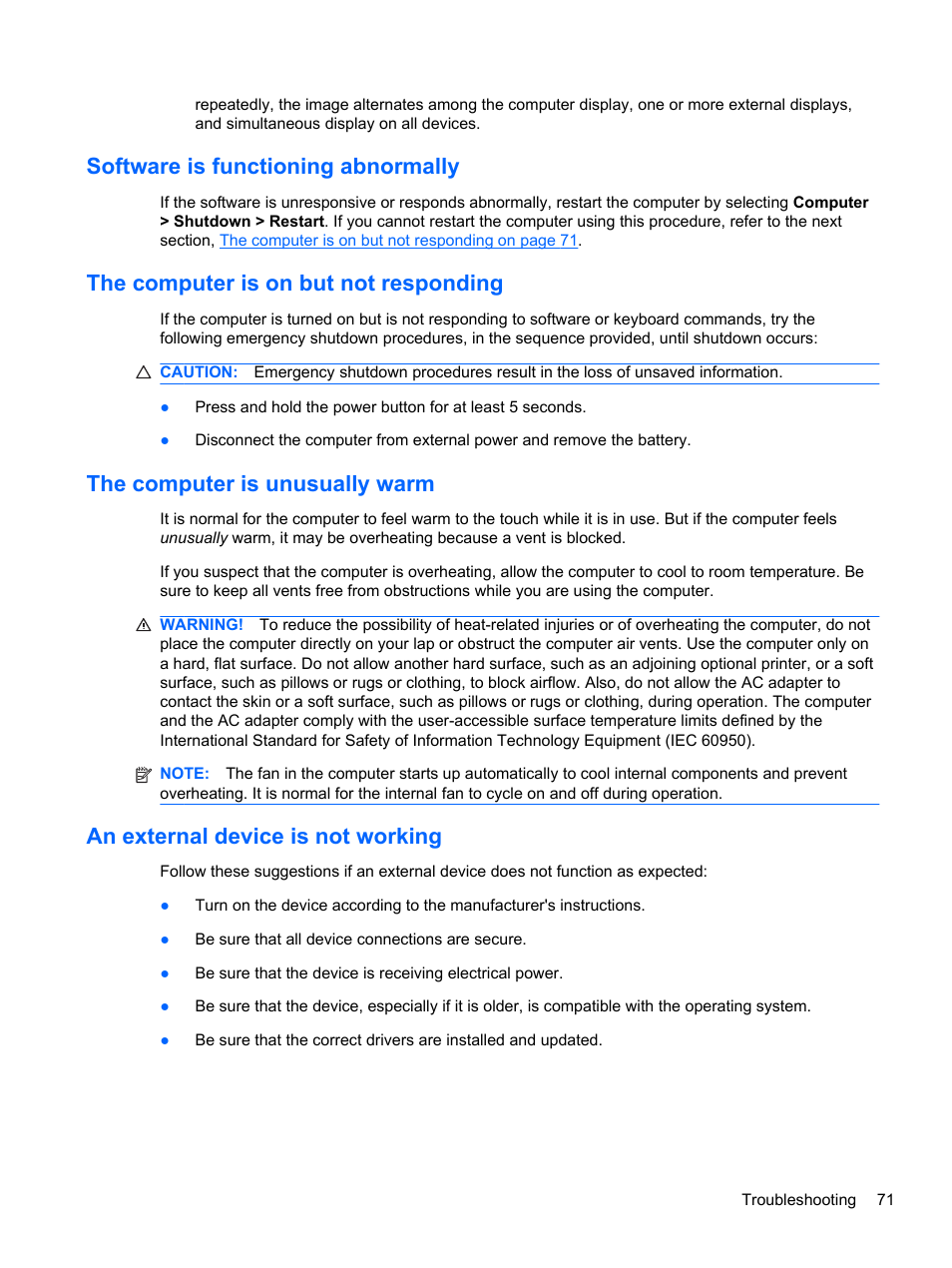 Software is functioning abnormally, The computer is on but not responding, The computer is unusually warm | An external device is not working | HP Compaq 435 Notebook PC User Manual | Page 81 / 92