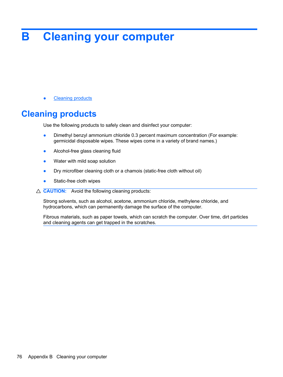 Cleaning your computer, Cleaning products, Appendix b cleaning your computer | Bcleaning your computer | HP Compaq 435 Notebook PC User Manual | Page 86 / 92