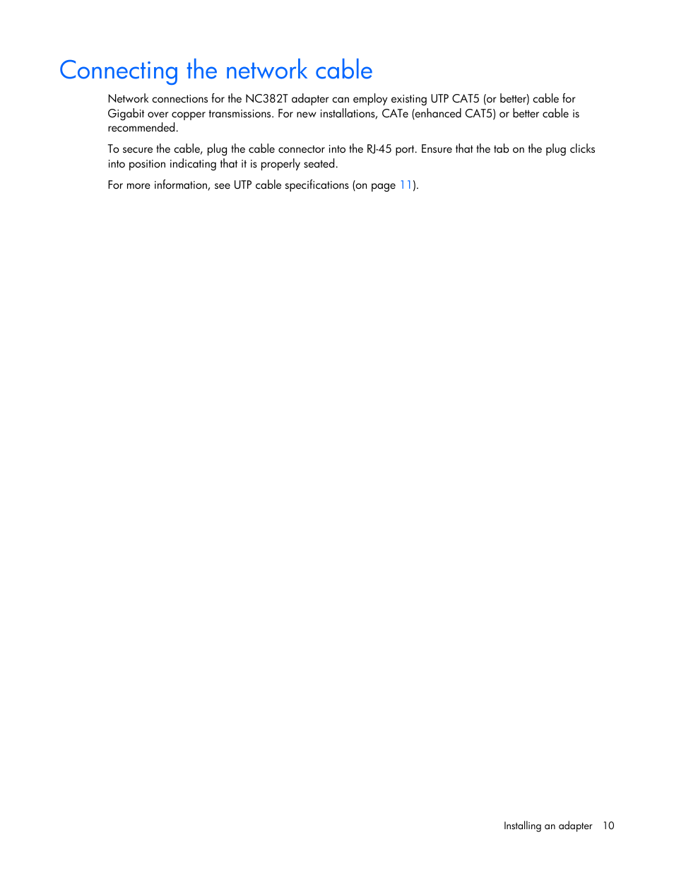 Connecting the network cable | HP NC382T PCI Express Dual Port Multifunction Gigabit Server Adapter User Manual | Page 10 / 20