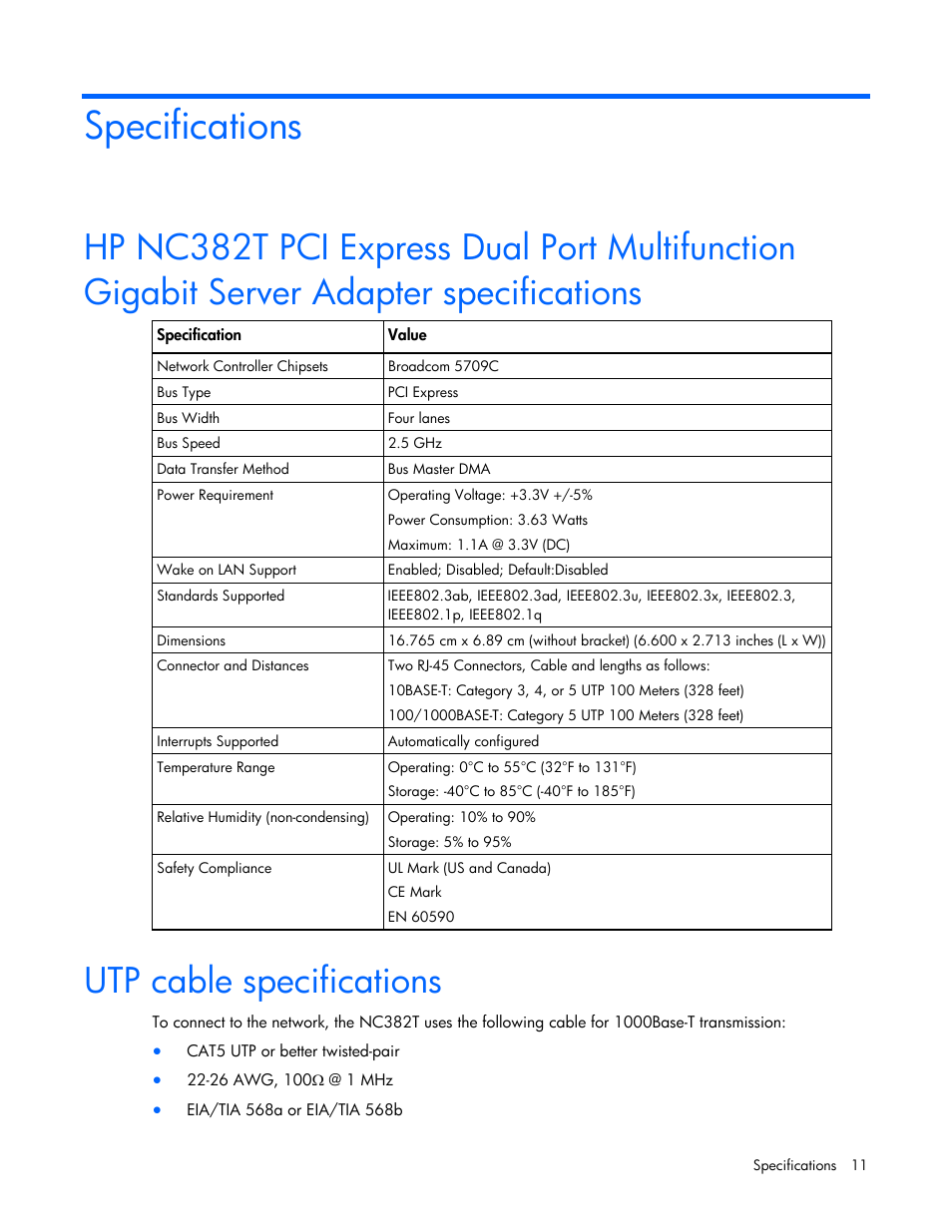 Specifications, Utp cable specifications | HP NC382T PCI Express Dual Port Multifunction Gigabit Server Adapter User Manual | Page 11 / 20