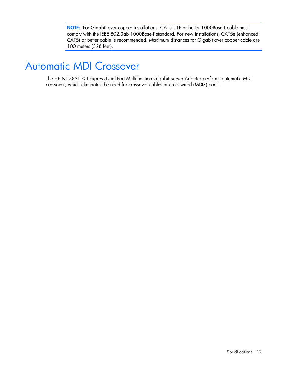 Automatic mdi crossover | HP NC382T PCI Express Dual Port Multifunction Gigabit Server Adapter User Manual | Page 12 / 20