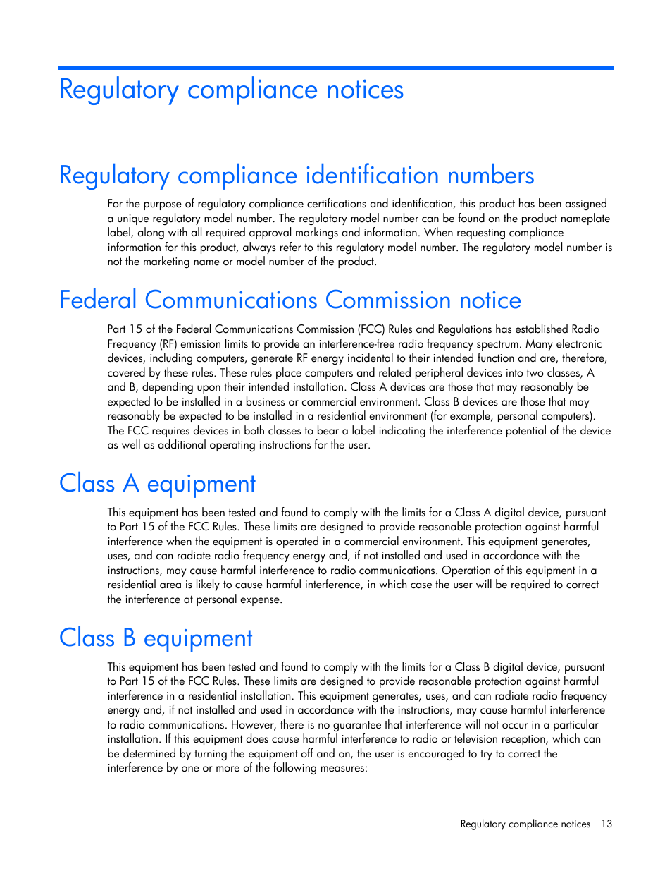 Regulatory compliance notices, Regulatory compliance identification numbers, Federal communications commission notice | Class a equipment, Class b equipment | HP NC382T PCI Express Dual Port Multifunction Gigabit Server Adapter User Manual | Page 13 / 20