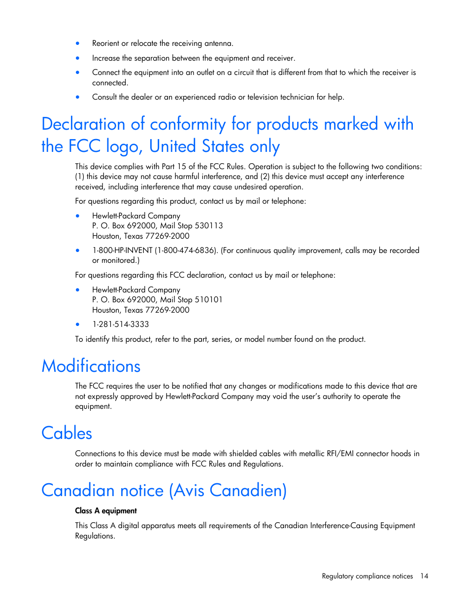 Modifications, Cables, Canadian notice (avis canadien) | HP NC382T PCI Express Dual Port Multifunction Gigabit Server Adapter User Manual | Page 14 / 20