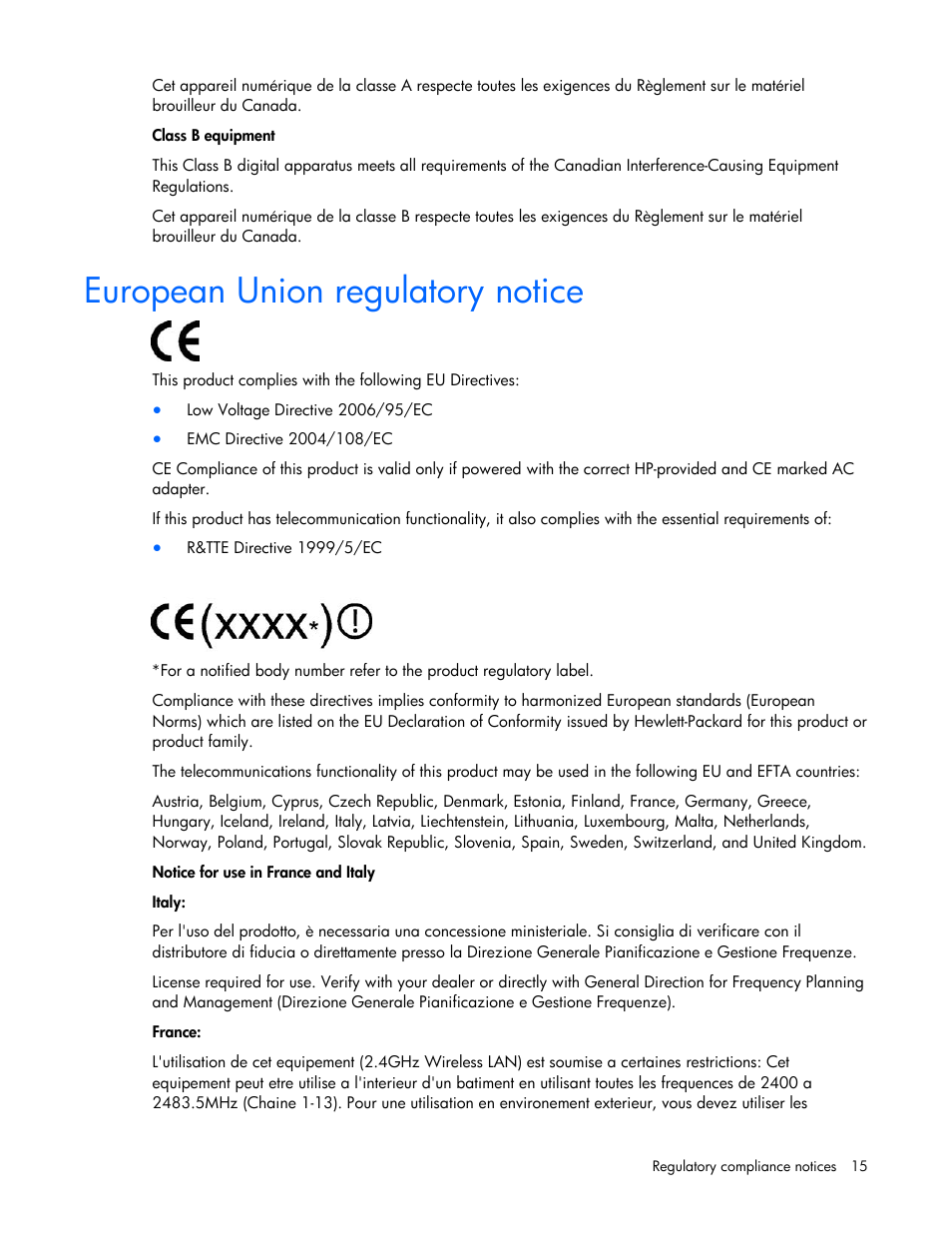 European union regulatory notice | HP NC382T PCI Express Dual Port Multifunction Gigabit Server Adapter User Manual | Page 15 / 20