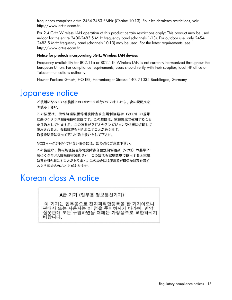 Japanese notice, Korean class a notice | HP NC382T PCI Express Dual Port Multifunction Gigabit Server Adapter User Manual | Page 16 / 20