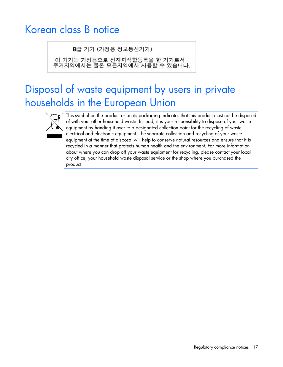 Korean class b notice | HP NC382T PCI Express Dual Port Multifunction Gigabit Server Adapter User Manual | Page 17 / 20