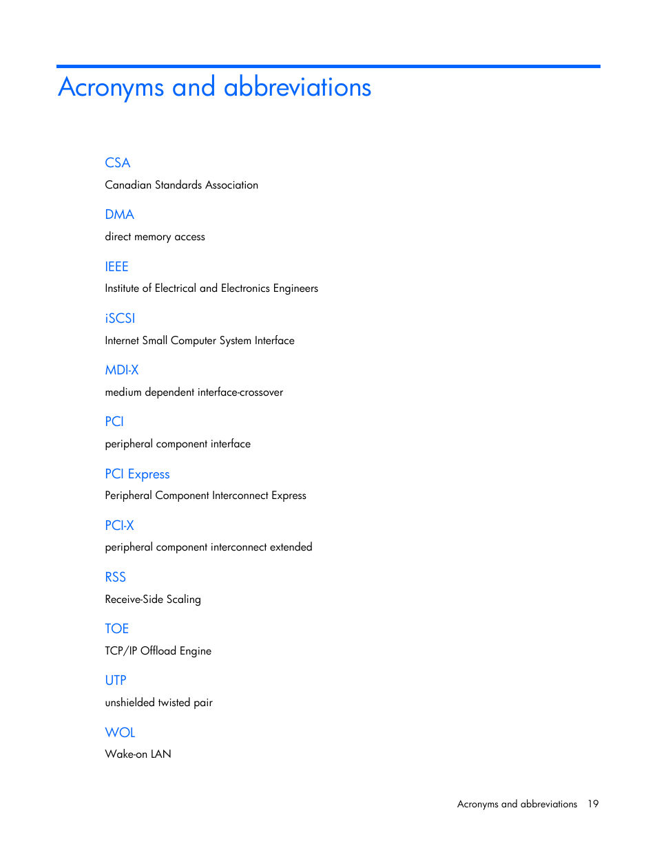 Acronyms and abbreviations | HP NC382T PCI Express Dual Port Multifunction Gigabit Server Adapter User Manual | Page 19 / 20