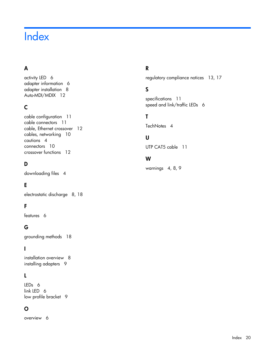 Index | HP NC382T PCI Express Dual Port Multifunction Gigabit Server Adapter User Manual | Page 20 / 20