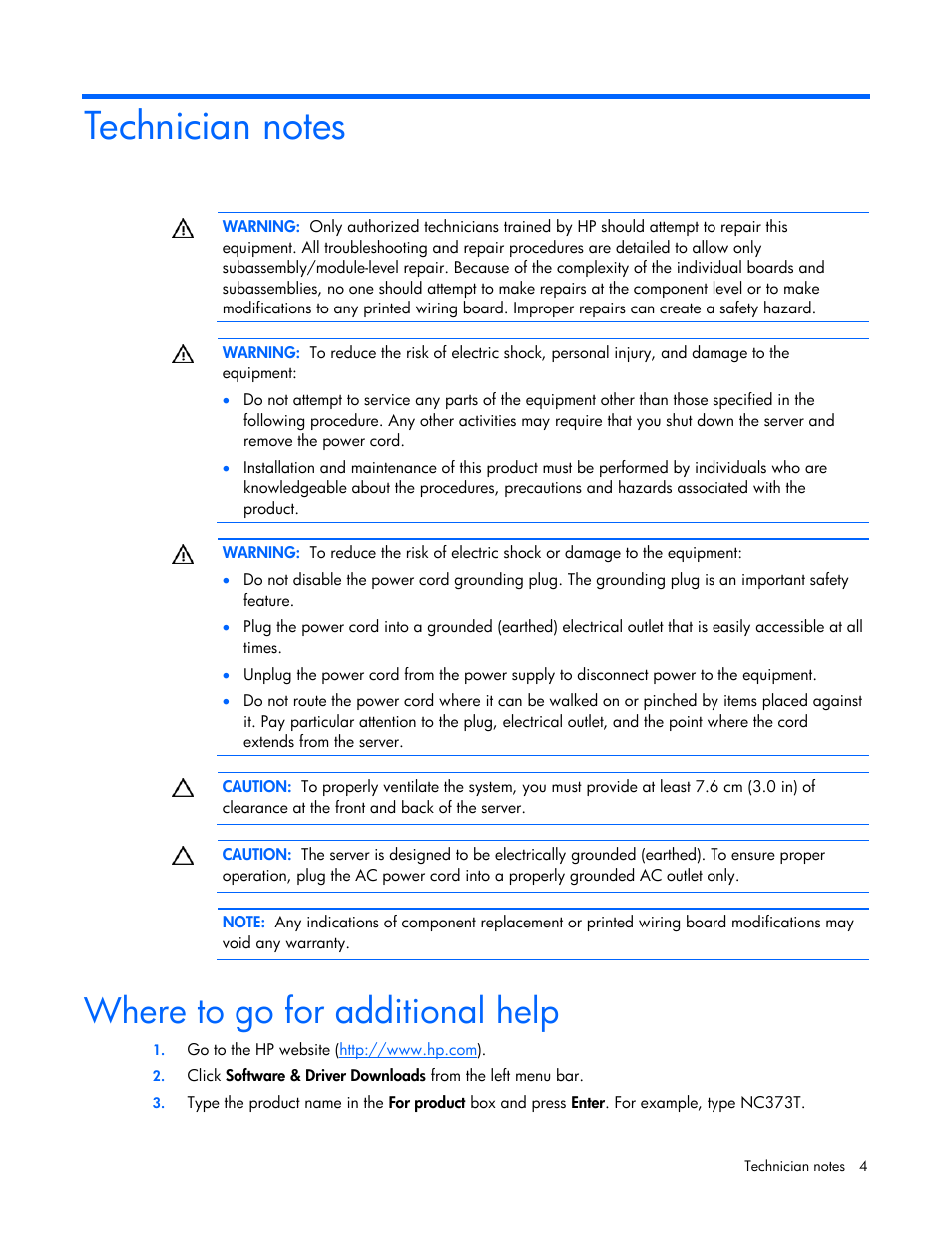 Technician notes, Where to go for additional help | HP NC382T PCI Express Dual Port Multifunction Gigabit Server Adapter User Manual | Page 4 / 20