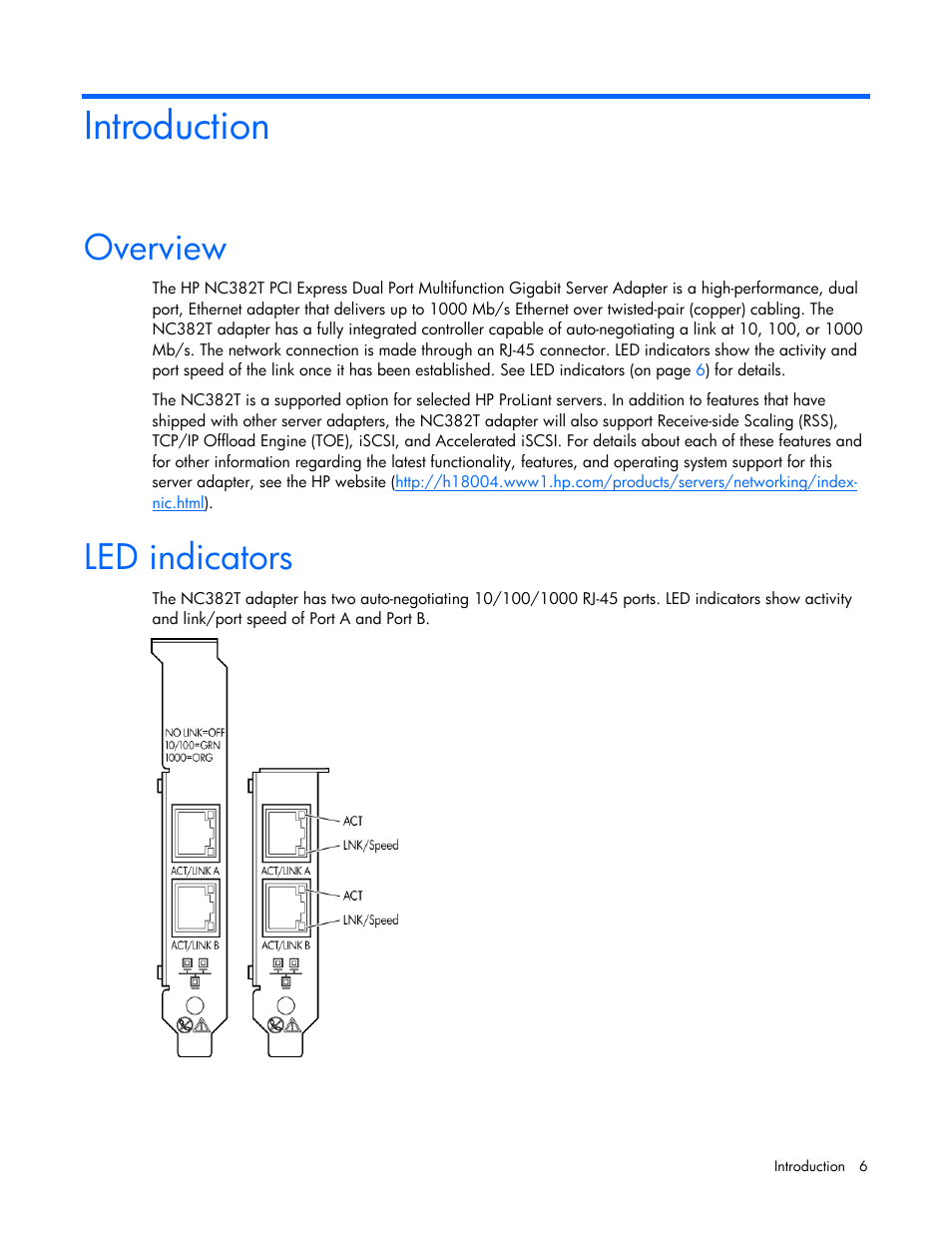 Introduction, Overview, Led indicators | HP NC382T PCI Express Dual Port Multifunction Gigabit Server Adapter User Manual | Page 6 / 20