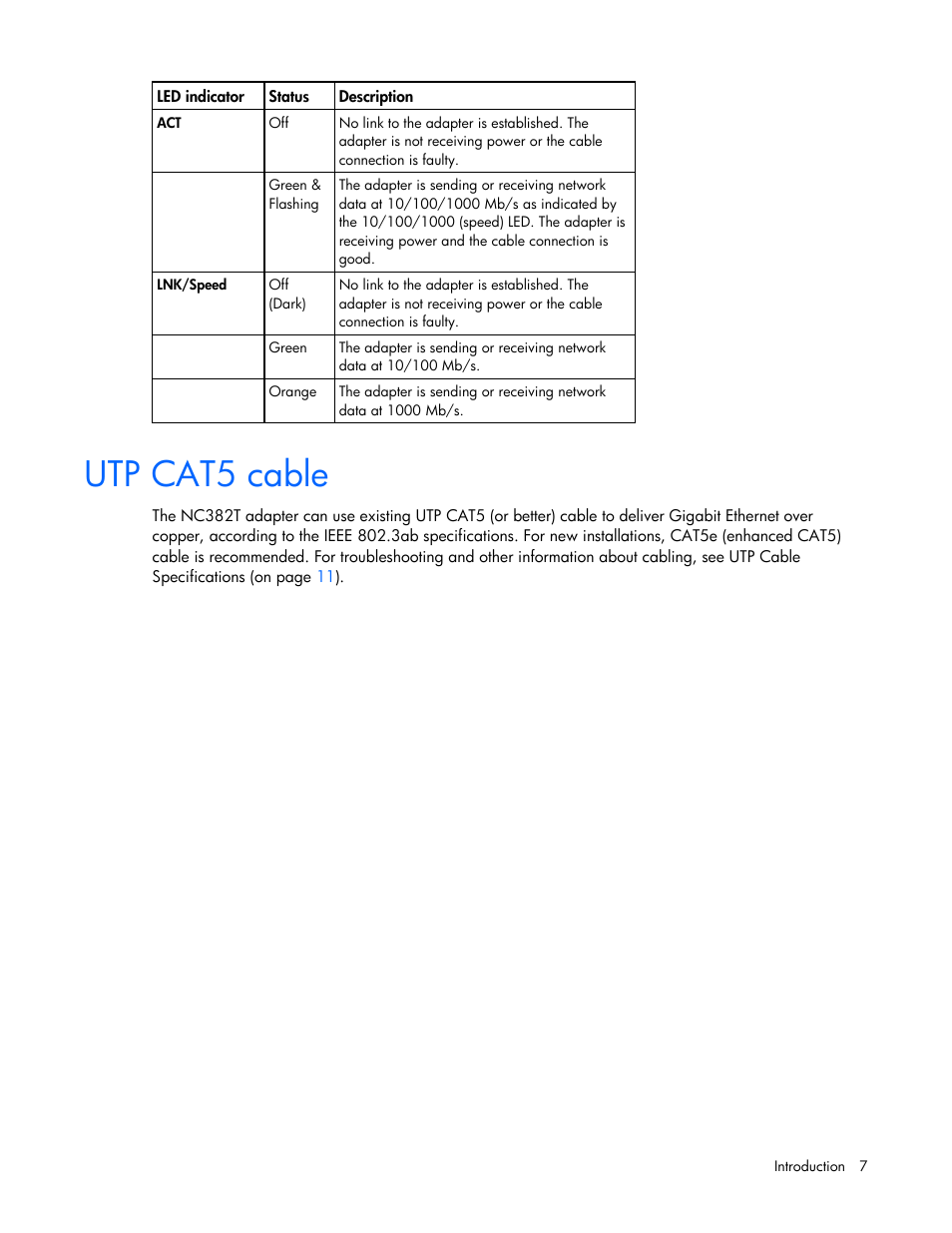 Utp cat5 cable | HP NC382T PCI Express Dual Port Multifunction Gigabit Server Adapter User Manual | Page 7 / 20