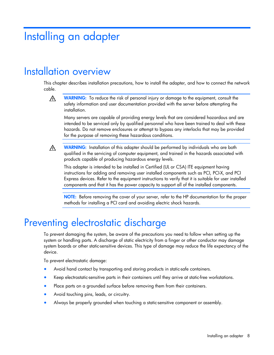 Installing an adapter, Installation overview, Preventing electrostatic discharge | HP NC382T PCI Express Dual Port Multifunction Gigabit Server Adapter User Manual | Page 8 / 20