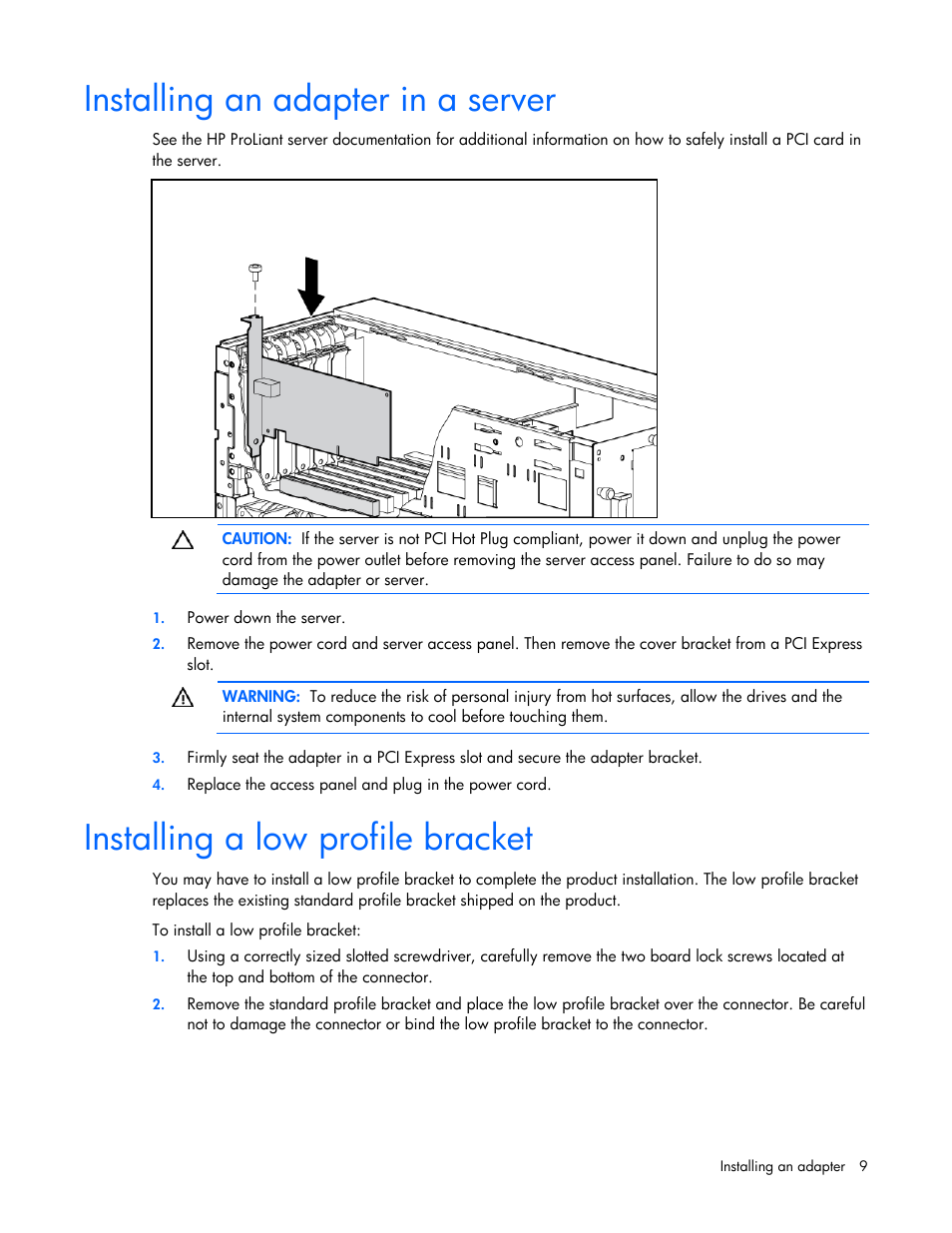 Installing an adapter in a server, Installing a low profile bracket | HP NC382T PCI Express Dual Port Multifunction Gigabit Server Adapter User Manual | Page 9 / 20