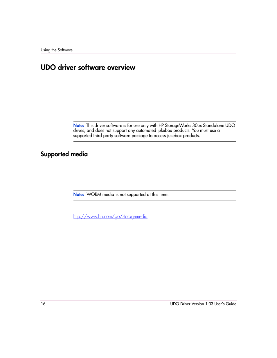 Udo driver software overview, Supported media | HP StorageWorks Ultra Density Optical Storage User Manual | Page 16 / 30