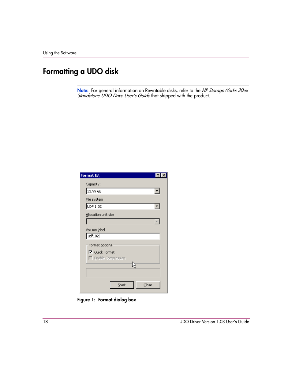 Formatting a udo disk, Figure 1: format dialog box | HP StorageWorks Ultra Density Optical Storage User Manual | Page 18 / 30
