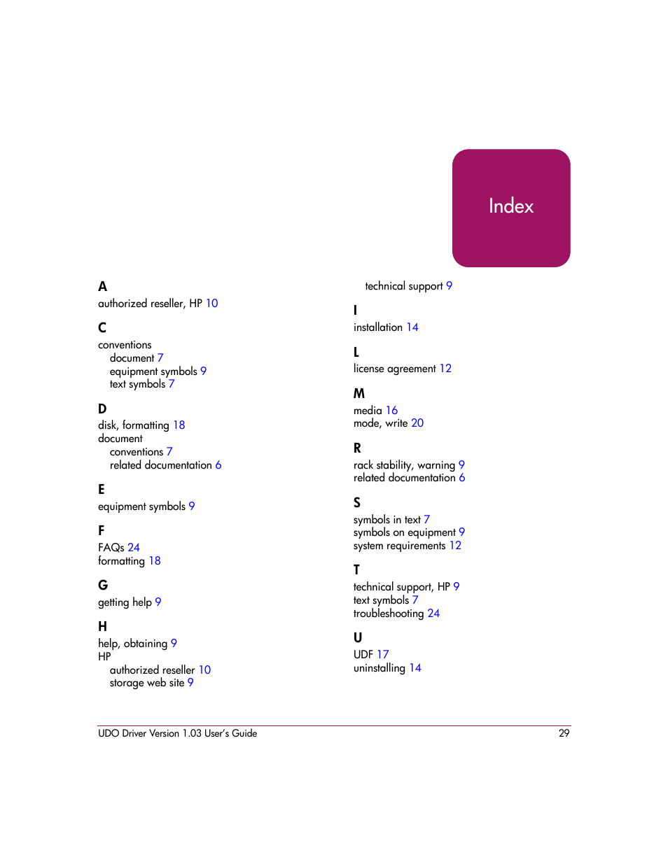 Index | HP StorageWorks Ultra Density Optical Storage User Manual | Page 29 / 30