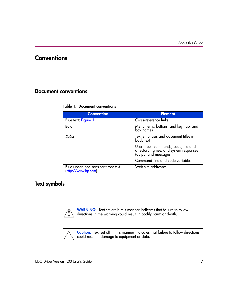 Conventions, Document conventions, Table 1: document conventions | Text symbols, Document conventions text symbols | HP StorageWorks Ultra Density Optical Storage User Manual | Page 7 / 30