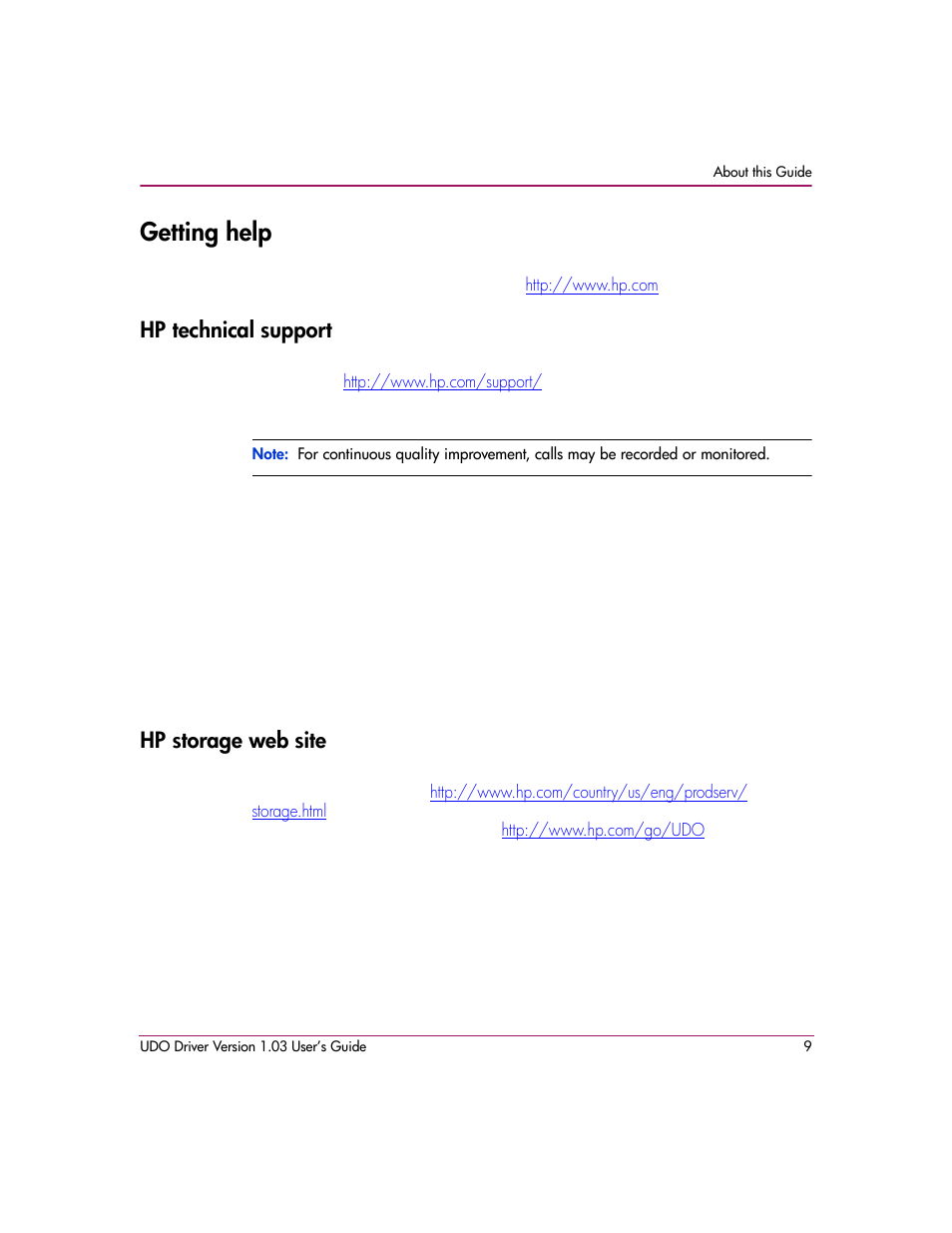 Getting help, Hp technical support, Hp storage web site | Hp technical support hp storage web site | HP StorageWorks Ultra Density Optical Storage User Manual | Page 9 / 30