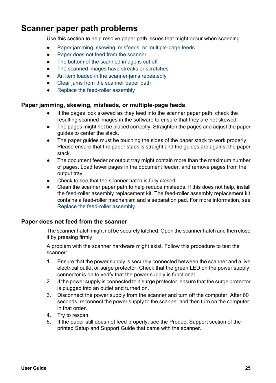 Scanner paper path problems, Paper does not feed from the scanner | HP Scanjet 7800 Document Sheet-feed Scanner User Manual | Page 27 / 30