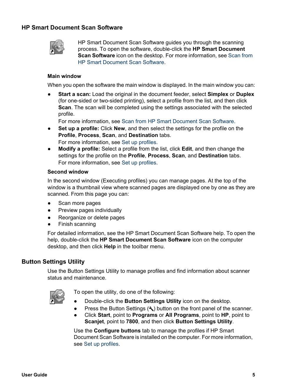 Hp smart document scan software, Button settings utility | HP Scanjet 7800 Document Sheet-feed Scanner User Manual | Page 7 / 30