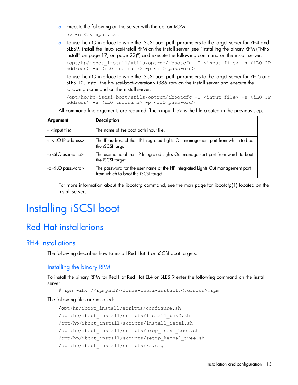 Installing iscsi boot, Red hat installations, Rh4 installations | HP NC373F PCI-E Multifunction 1000SX Gigabit Server Adapter User Manual | Page 13 / 42