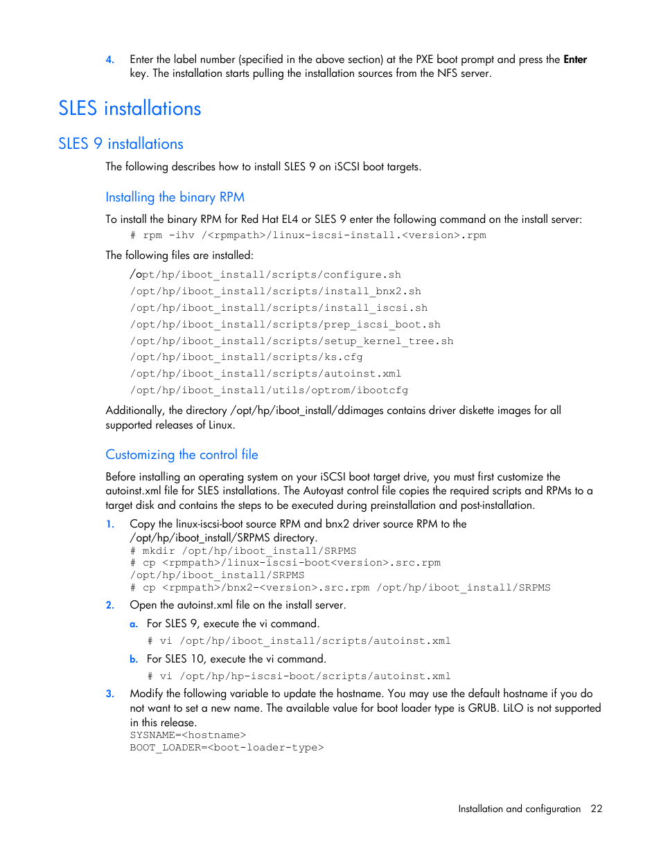 Sles installations, Sles 9 installations | HP NC373F PCI-E Multifunction 1000SX Gigabit Server Adapter User Manual | Page 22 / 42