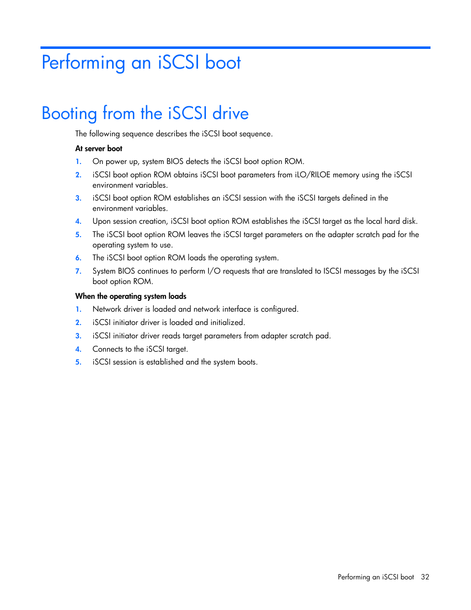 Performing an iscsi boot, Booting from the iscsi drive | HP NC373F PCI-E Multifunction 1000SX Gigabit Server Adapter User Manual | Page 32 / 42