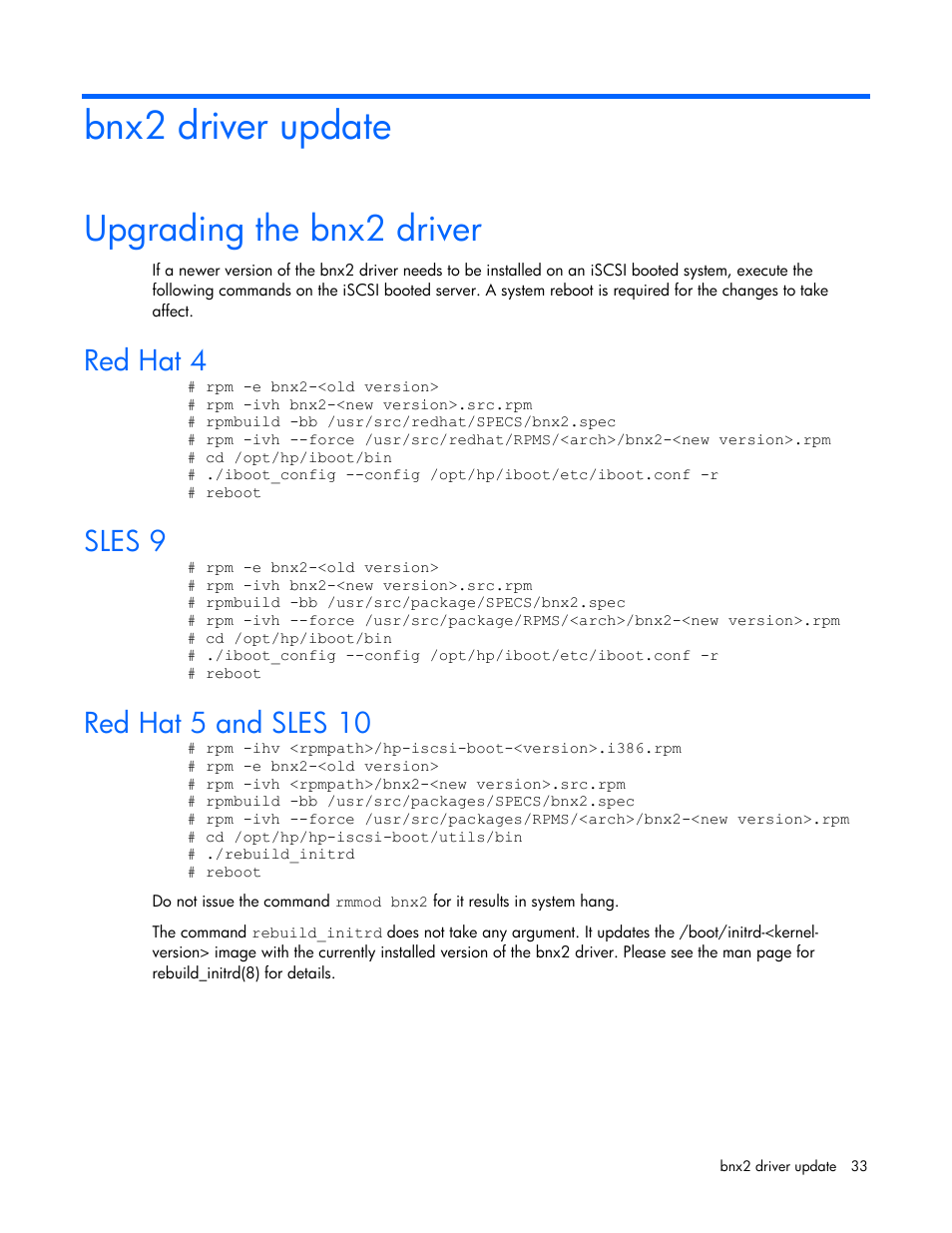 Bnx2 driver update, Upgrading the bnx2 driver, Red hat 4 | Sles 9, Red hat 5 and sles 10, Red hat 4 sles 9 red hat 5 and sles 10 | HP NC373F PCI-E Multifunction 1000SX Gigabit Server Adapter User Manual | Page 33 / 42