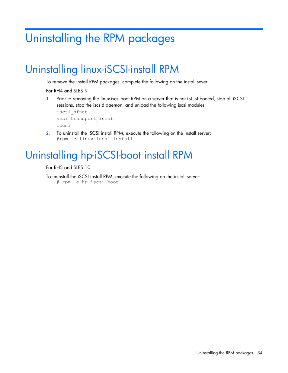 Uninstalling the rpm packages, Uninstalling linux-iscsi-install rpm, Uninstalling hp-iscsi-boot install rpm | HP NC373F PCI-E Multifunction 1000SX Gigabit Server Adapter User Manual | Page 34 / 42