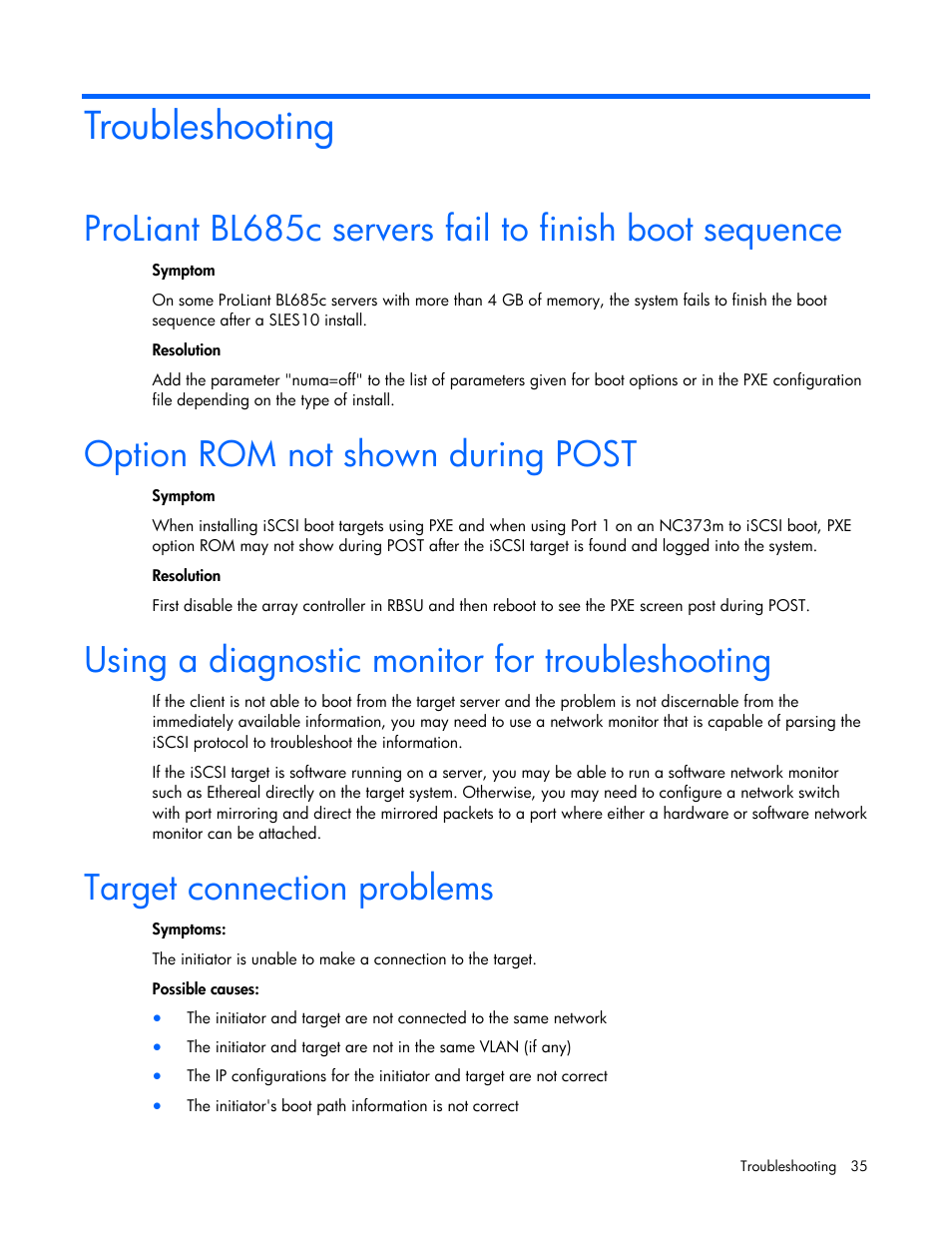 Troubleshooting, Option rom not shown during post, Using a diagnostic monitor for troubleshooting | Target connection problems | HP NC373F PCI-E Multifunction 1000SX Gigabit Server Adapter User Manual | Page 35 / 42