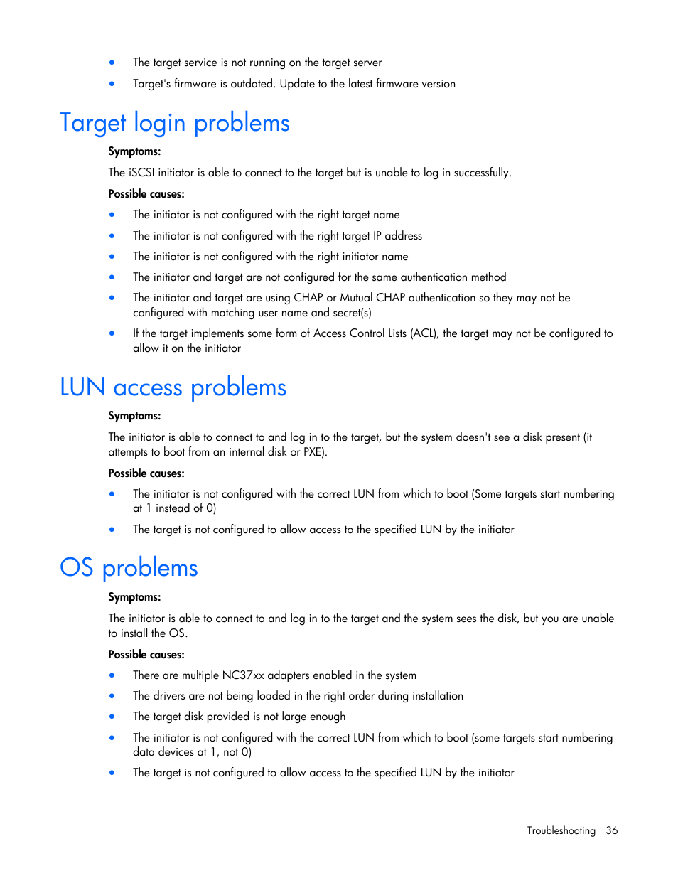 Target login problems, Lun access problems, Os problems | HP NC373F PCI-E Multifunction 1000SX Gigabit Server Adapter User Manual | Page 36 / 42